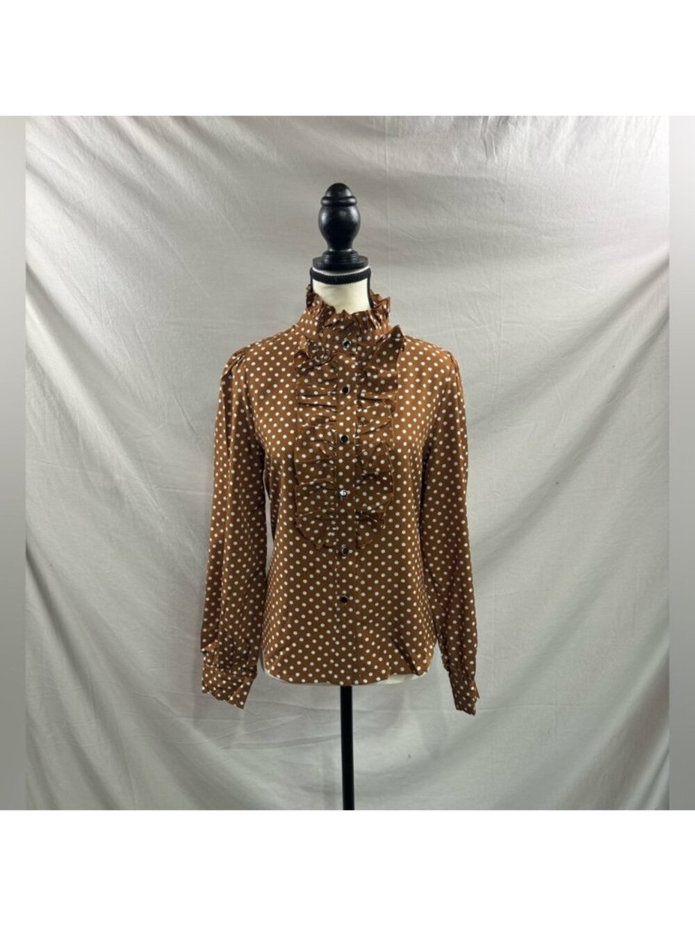Polka Dot Ruffle Trim Blouse Brown - Picture 6 of 9